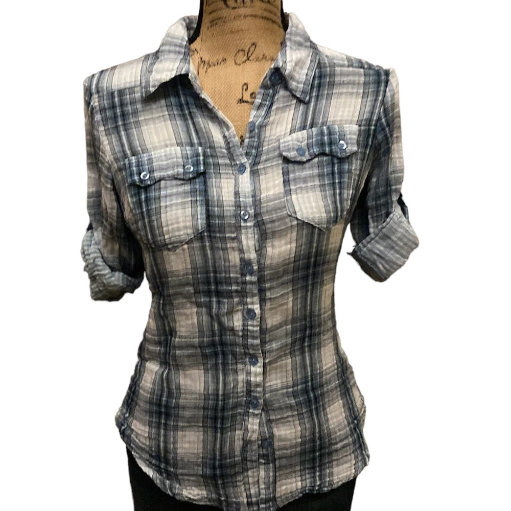 Myth nyc blue multicolored plaid cuffed button down shirt